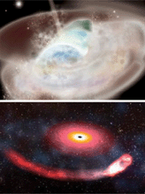 artist's drawing of a neutron star destroyed by a black hole