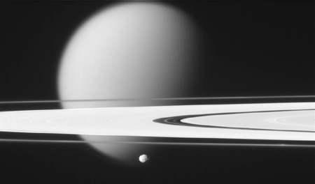 Cassini image of Saturn's rings, Titan, and the tiny moon Epimetheus