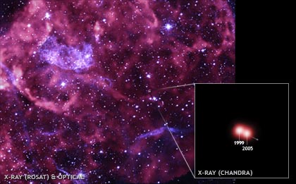 Picture of the supernova remnant Puppis A and its runaway neutron star
