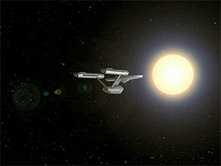 Remastered image of the Enterprise approaching the Sun