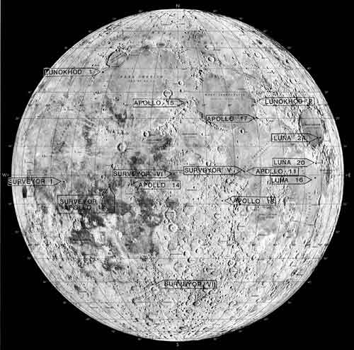 map of the Moon with all (Apollo, Lunakhod, Surveyor) landing sites listed