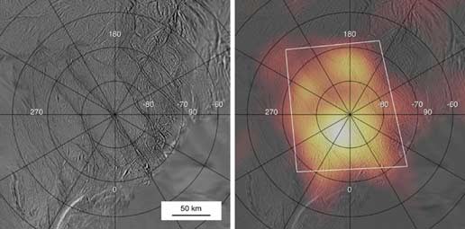 Heat map of the south pole of Enceldaus, from where the plumes arise