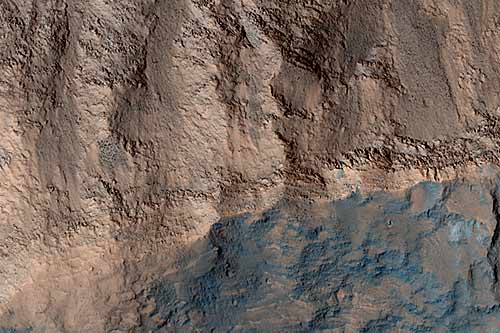 false color image from HiRISE of a terraced crater