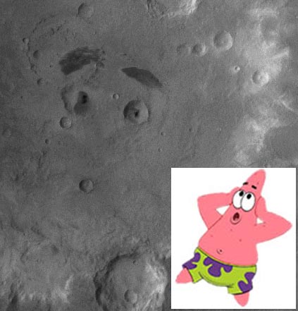 Mars crater that looks like Patrick Star from Spongebob Squarepants