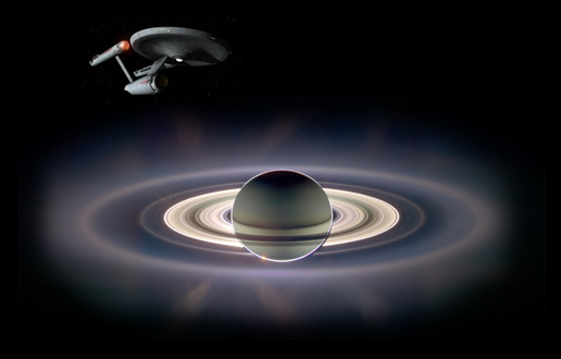 Picture of the Enterprise cruising past Saturn