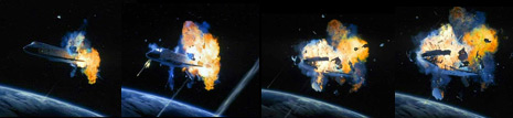 Four images from the movie Armageddon showing the Shuttle exploding