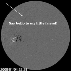 SOHO image of the Sun showing the newest sunspot